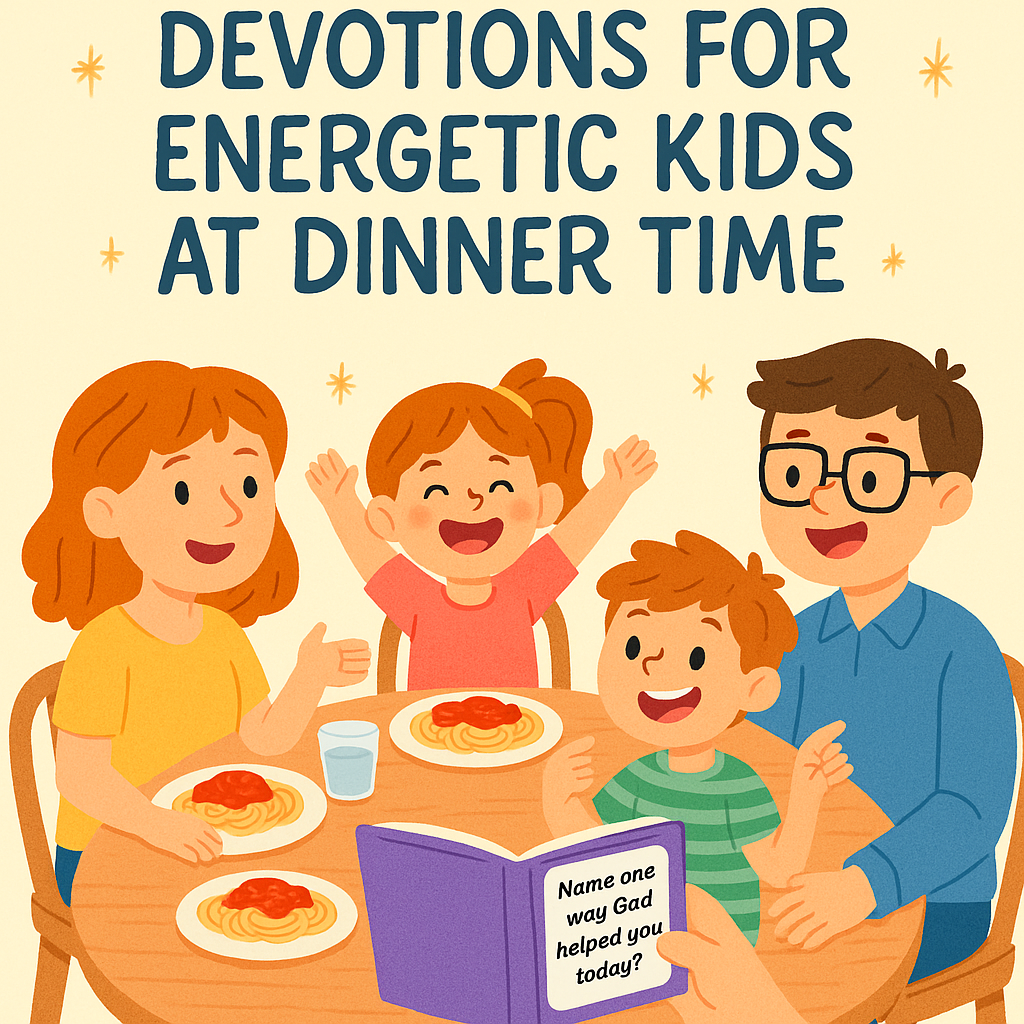 A joyful family of four sits around a wooden dinner table, sharing a devotional moment during their evening meal. The father reads from an open book while the mother and two young children—one girl raising her hand and one boy smiling—engage excitedly. Plates of spaghetti and glasses of water sit in front of them. The setting is warm and cozy, with beige curtains in the background.