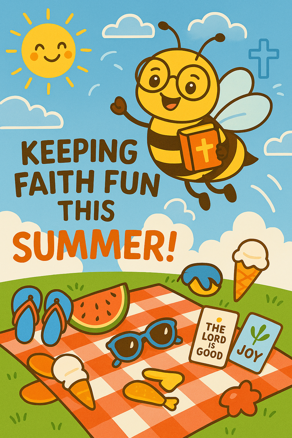 Colorful Christian illustration of Buzz the Bible Bee flying over a summer picnic with a Bible, sunglasses, watermelon, ice cream, and scripture cards, with the title “Keeping Faith Fun This Summer!”
