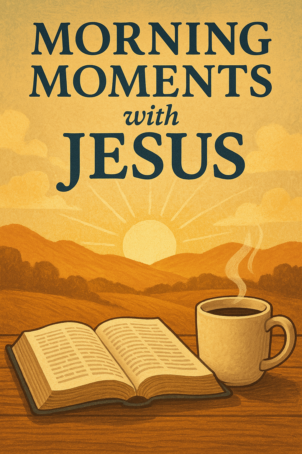 A warm, inviting illustration of an open Bible and a steaming cup of coffee on a wooden table, set against a backdrop of rolling hills and a rising sun. Above the scene, bold blue text reads “Morning Moments with Jesus.” The sky is golden with soft clouds, creating a peaceful and reflective atmosphere.